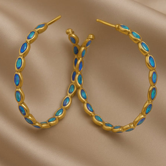 Vintage Blue Opal Gold Earrings