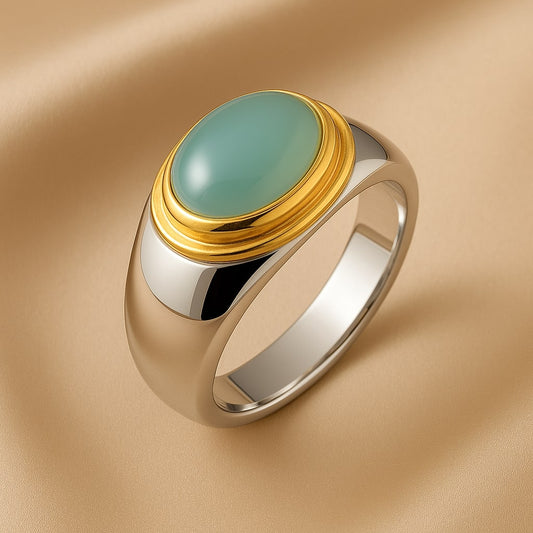 Silver & Gold Oval Ring with Mist Green Stone